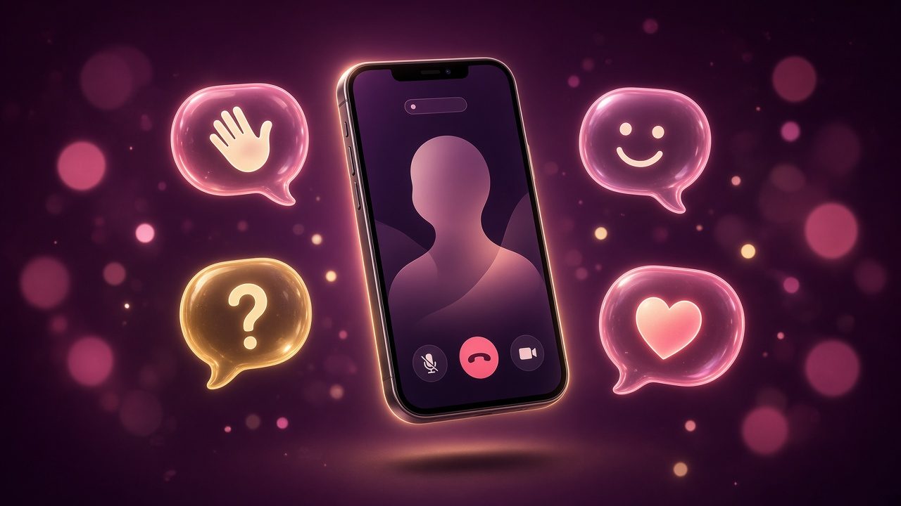 Speech bubbles with a wave, a question mark and a heart floating above a phone screen